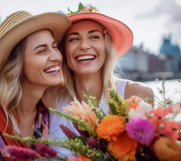 Duas mulheres bonitas com flores nas mãos. Tratamentos Estéticos na Primavera