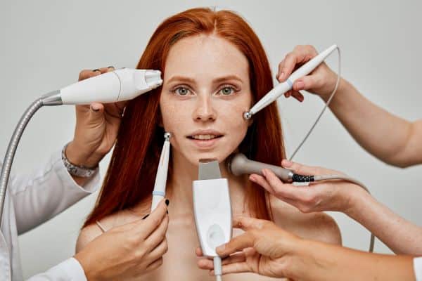 Jovem ruiva com a face cercada de equipamentos usados em tratamentos estéticos,. Conceito de cosmetologia.