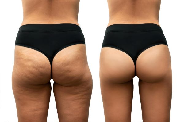 Coxas e nádegas de mulher jovem com celulite - antes e depois do tratamento com morpheus.