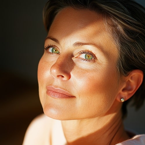 Resultado de blefaroplastia em mulher de meia idade muito bonita, com olhos claros e pele bronzeada.